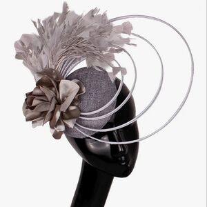Grey Fabulous Pillbox Feathered Fascinator Birdcage Hat Derby Equine Te…